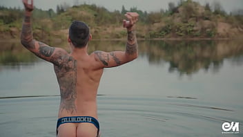 Preview 2 of Blood 15 Years - Hot tattoo guy with big flaccid uncut dick bathing in the water