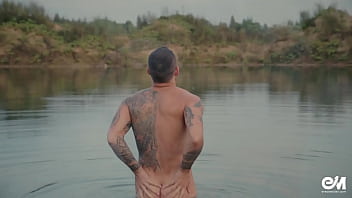 Preview 3 of Blood 15 Years - Hot tattoo guy with big flaccid uncut dick bathing in the water