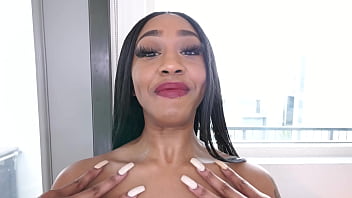 Preview 2 of Sabina Sin - NINA SPLASH Sexy Big Natural DD Tits Ebony Huge Cock NO HANDS Blowjob and Cum Swallow! A