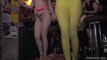 Preview 3 of Train Korean Sex - Two slaves fucking in public bar