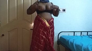 Preview 2 of Disegirlsex - desi  indian tamil telugu kannada malayalam hindi horny cheating wife vanitha wearing cherry red colour saree showing big boobs and shaved pussy press hard boobs press nip rubbing pussy masturbation