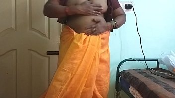 Preview 2 of Full Red Girl - desi  indian horny tamil telugu kannada malayalam hindi cheating wife vanitha wearing orange colour saree  showing big boobs and shaved pussy press hard boobs press nip rubbing pussy masturbation