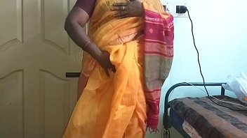 Preview 1 of Full Red Girl - desi  indian horny tamil telugu kannada malayalam hindi cheating wife vanitha wearing orange colour saree  showing big boobs and shaved pussy press hard boobs press nip rubbing pussy masturbation