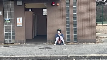 Preview 2 of Ashiyan Salsman - 女装子まゆちゃんが公園駐車場のトイレ前でロングスカートでパンチラ露出を楽しんでいたのにがまんしきれずパンツを脱いで下半身丸出し露出プレイを楽しむ
