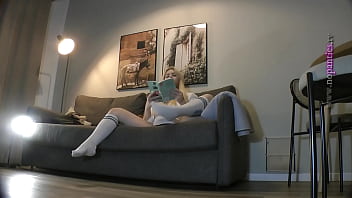 Preview 4 of Airport Xnxx On Girls - Busty All Natural Big Tits Big Ass Thick Thighs Sexy MILF reads a Book and takes her Panties Off on the Couch