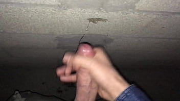 Preview 4 of Family Sex Full Time - Young guy with big dick is pissing,  masturbating and cumming on a wall in underground parking
