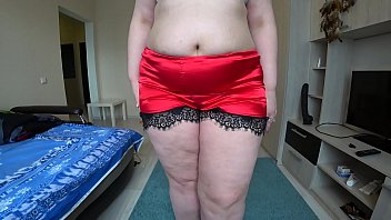 Preview 1 of 1o Grils - Busty milf fucks fat girlfriend through red shorts,  a lesbian doggystyle shakes a big butt. POV.