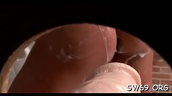 Preview 3 of Gardener Seduces Wife Of Boss - Horny wench sucks fake dick at gloryhole and gets meatballs slimed