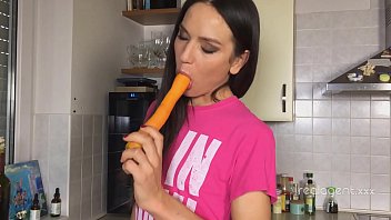 Preview 2 of Lawada Sex Video - Russian pornstar Nataly Gold rubs her hole with carrot in the kitchen