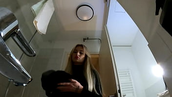 Preview 3 of Raped Schoolgirl - Big Tits Big Ass Hot Blonde Babe in Pantyhose and High Heels with a Miniskirt does a Striptease in the Bathroom