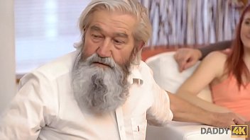 Preview 1 of Old Man Younh Lady - DADDY4K. Chick&#039_s shaved pussy is fingered by old man and son in turn