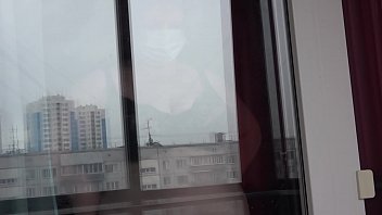 Preview 2 of Gay Wc Ayah - Lesbian peeps out the window for how fat milf with huge tits and with a big ass washes the window and undresses. Voyeur.