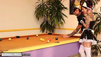 Preview 1 of Womens Pleasure - Naughty Latex Maid Joanna Angel Drilled on the Pool Table