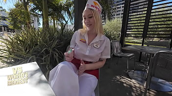 Preview 1 of Rap Calip - In-N-Out Girl with Huge Tits Rough Fucks Massive Cock Cum Covered Gigi Sweets VS World Biggest Cock