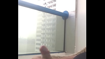 Preview 2 of Big Tit Ebony Shemale Solo - Cumshot on the balcony ... what a thrill ... in public view ... got caught ...