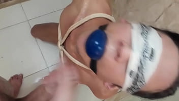 Preview 4 of 3 Sam Sax - Biel Medina tied up and ballgagged under shower Facial Cumshot | free