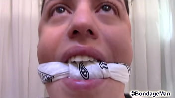 Preview 1 of Alex Maje - Adonis tied up and gagged many times tapegagged ballgagged hard cock in lycra pants | free
