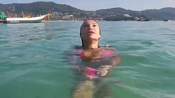 Preview 2 of Force White Wife - Monika Fox In Pink Bikini Swims,  Masturbates And Squirts In Sea In Public (Free)