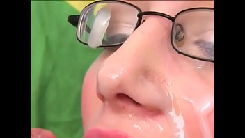 Preview 4 of Strap On Lesbian Punk - Dazzling brunette in glasses gets her cute face covered in cum after giving a blowjob