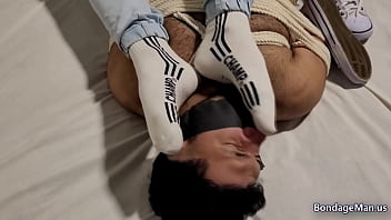 Preview 3 of Lap Sitting Handjob - Tonny finds Duratto roommate bound and gagged and instead of letting him free he decides to kiss and then put a sock inside Duratto&#039_s mouth,  suck and rub his feet on Duratto&#039_s face | preview 2