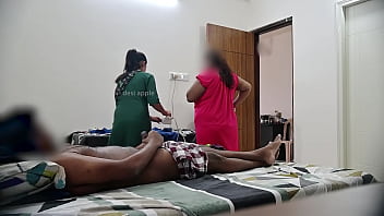 Preview 2 of Lesbian Lubed - Dick flashing to two maids at same time