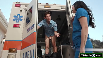 Preview 1 of Lesbien Sleep - Ever fucked a big cock shemale in the back of an ambulance?
