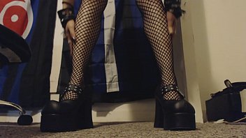 Preview 2 of 4k Uhd German Pov - Hairy Goth Up Close and Personally Fingers and Rubs Her Pussy in Heels and Fishnet Stockings