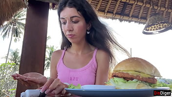 Preview 3 of Ambalapuzha School Girls Rape - Cute Girl Eating Burger with Cum on Her Face in Public Cafe - Cumwalk