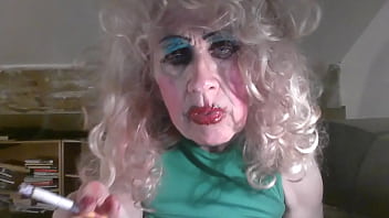 Preview 4 of Aaliyah Threesome - Fuckpig old pansy milf fag slut Sarah humiliatingly displays her  cum stained pink mini skirt,  as smokes provocatively