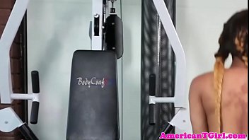 Preview 2 of Brother Sister Lilt Te - Busty ebony tgirl jerking dick at the gym