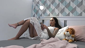 Preview 2 of Teen Gay Scat Eating - Super Hot Brunette Babe in a White Night Dress No Panties teases a Big Cock Guy by her Hands