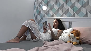 Preview 1 of Teen Gay Scat Eating - Super Hot Brunette Babe in a White Night Dress No Panties teases a Big Cock Guy by her Hands