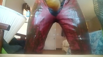 Preview 4 of Bbw Slap Puusy - Leather farmer wearing a condom filled with piss and cum