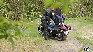Preview 1 of Film Molena - Muscled Biker Stretches Brunette&#039_s pussy outdoors