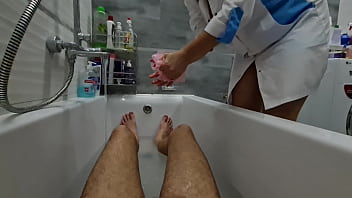 Preview 1 of Pramugari Seks - Stepmom cme in to wash her naked stepson,  she ignores his big dick,  he is very excited and wants to jerk off,  she flashes her big tits and starts masturbating