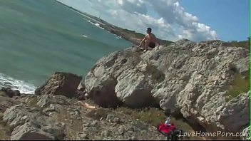 Preview 1 of Boy And Boy B - Redhead In Gold Bikini Fuck Outdoors Doggy Style