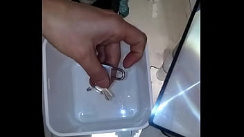 Preview 2 of Lesbian Vegetable Insertions - Chastity slave adds a Kali&#039_s Tooth Bracelet to his locked cock