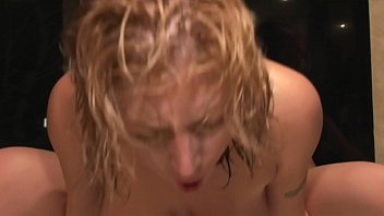 Preview 4 of Lez Milf Cum Squirt - Curvy blonde and horny stud are fucking sensually in the bathtub