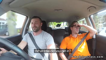 Preview 1 of Girls Pussy Oil Massage - Blonde deep throats in driving school in public