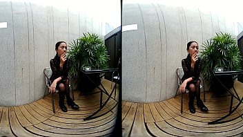 Preview 1 of Daddy Fingering His Daughter - VRpussyVision.com - Young girl smokes topless and in leather skirt