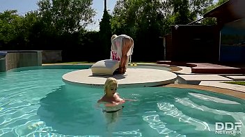 Preview 1 of Anastsia Sands - Busty Lesbians&#039_ Chessie Kay &amp_ Kyra Hot Double Dong Pool Side Fuck