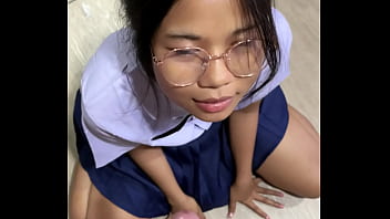 Preview 4 of Nina Stone - Blowjob and HUGE facial wearing my Thai school uniform