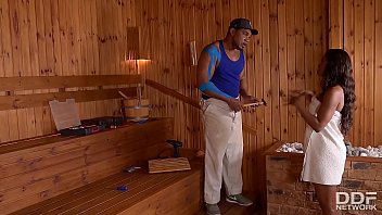 Preview 1 of Rought With Bus - Sauna guest Jasmine Webb opts for fucking a Big Black Cock