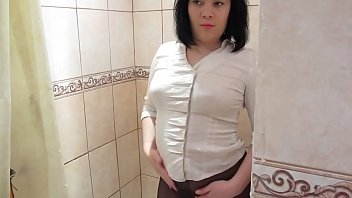 Preview 1 of Sex Hroup - Girl in a white blouse,  in black pantyhose masturbates in the shower to orgasm.