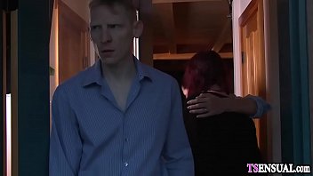 Preview 1 of Men Boundeg - Redhead teen shemale enjoys in a crazy threesome sex