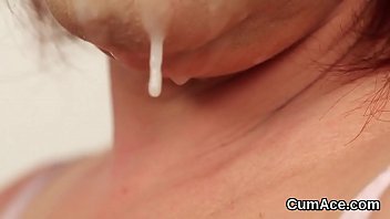 Preview 3 of Petite Brunette Masturbating - Wacky idol gets cumshot on her face sucking all the juice