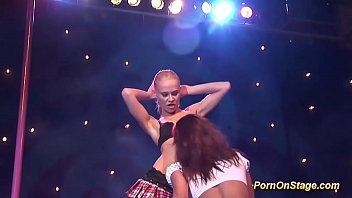 Preview 2 of Boy Peeping - wild lesbian sex show on public stage