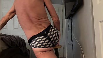 Preview 2 of Sexual Hot Xxxx Porn - Preview of stretching on stool in Tight Checkered bikini briefs showing bulge and groin brace