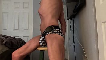 Preview 1 of Sexual Hot Xxxx Porn - Preview of stretching on stool in Tight Checkered bikini briefs showing bulge and groin brace