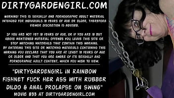 Preview 1 of Go Potenti - Dirtygardengirl in rainbow fishnet fuck her ass with rubber dildo &amp_ anal prolapse on swing